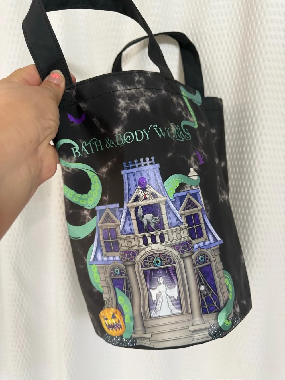 Bath & Body Works Black Tote with Purple Haunted House & Green Tentacles